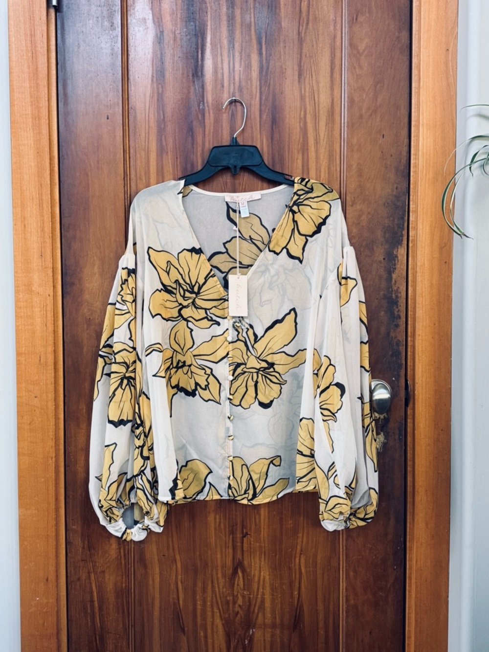 Hutch for Anthropologie white Blouse w/ Yellow Daffodils, Balloon Sleeves M